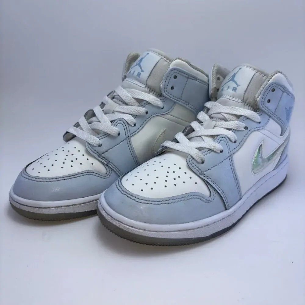 JORDAN 1 Mid SE GS “Glitter Swoosh” Blue Tint Ice Shoes Size Youth Girls 4Y